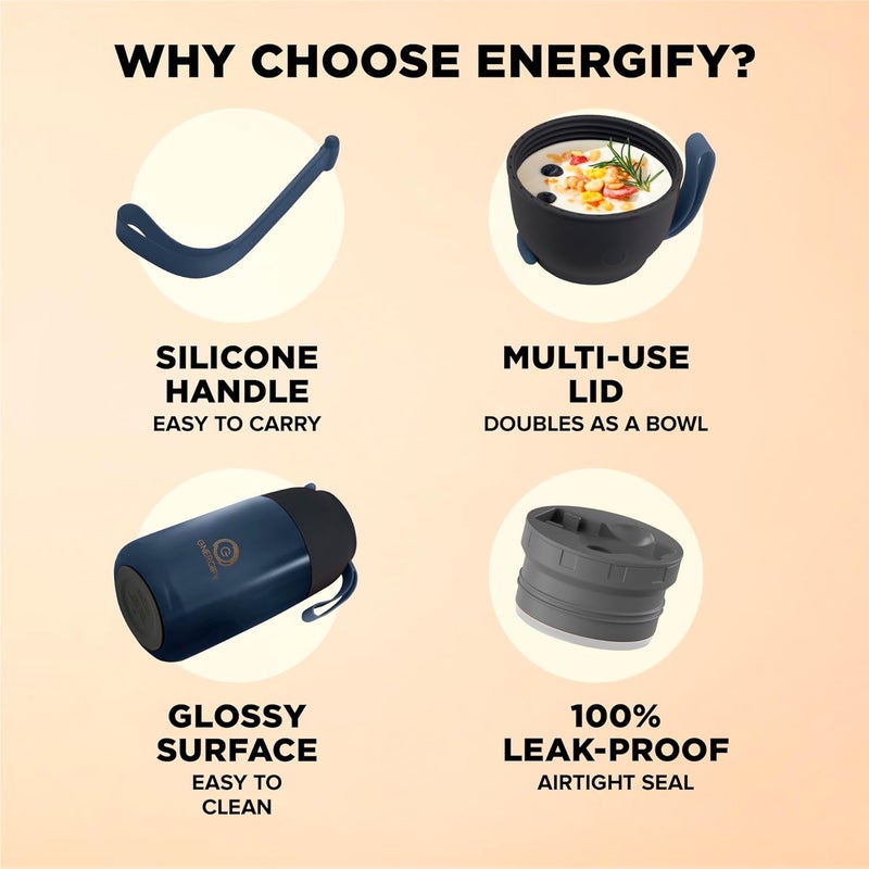 ENERGIFY Vacuum Insulated Food Jar. Large 24oz Bowl incl. Folding Spoon, Cup. Wide Mouth Keep Hot & Cold Drinks Soup Lunch Container for Adults. BPA-Free Stainless Steel, Leak Prooff Velvet blue - Image 3